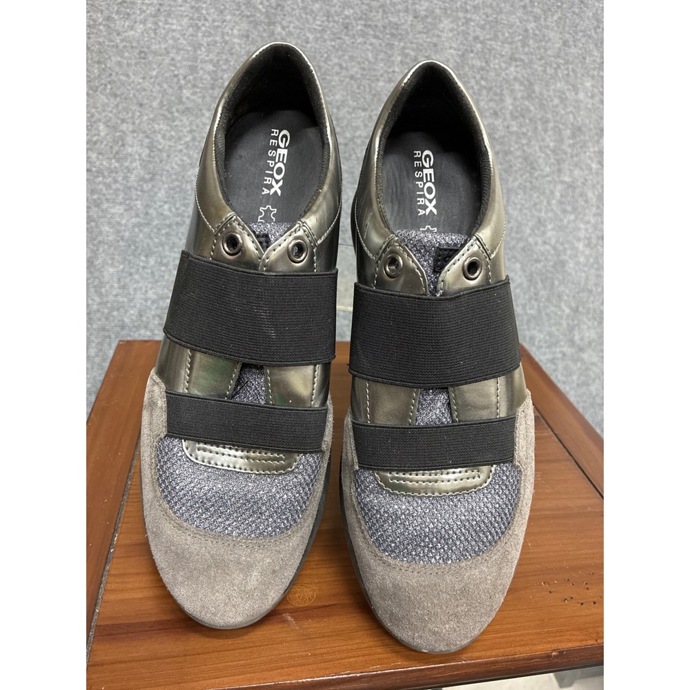 Geox Respira Womens Metallic Pewter Grey Suede Glitter Slip On Sneakers Size 8